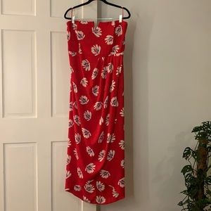 Express faux wrap hi low dress with small wire v cutout in bodice.